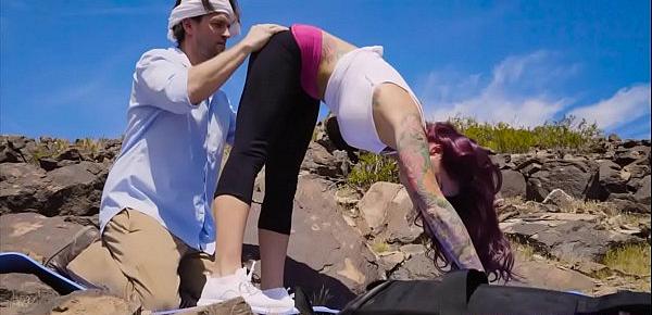  Sporty chick in ripped yoga pants gets fucked outdoors